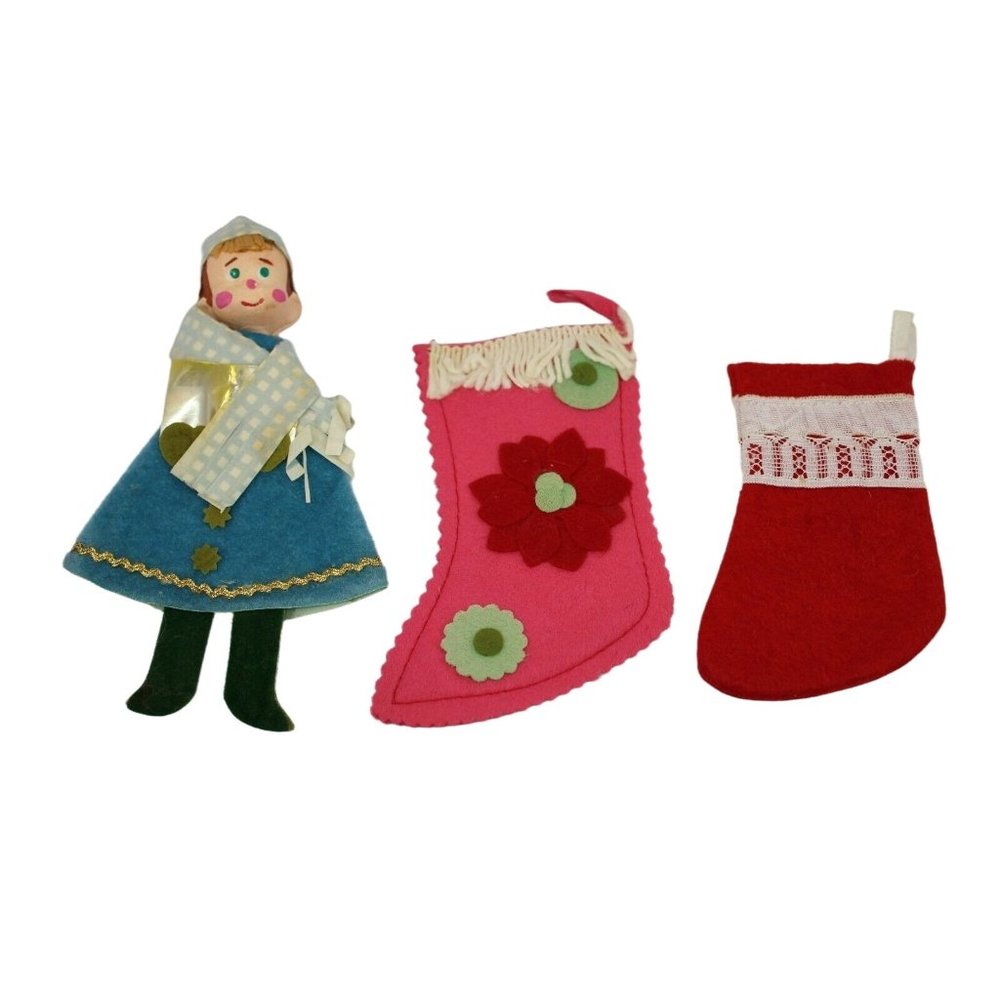 3 Vintage Christmas Ornaments Stocking Holiday Xmas 53698